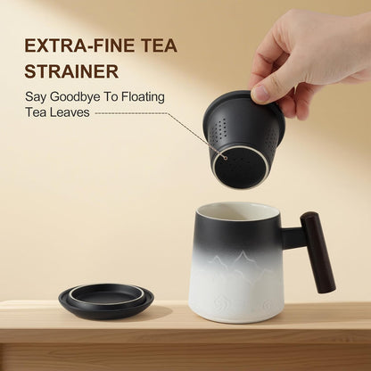 Tea Cup with Infuser, 13.5oz Ceramic Tea Infuser Mug with Wood Handle and Cup Lid, Tea Strainer Cup for Loose Leaf Steeping, Black&White