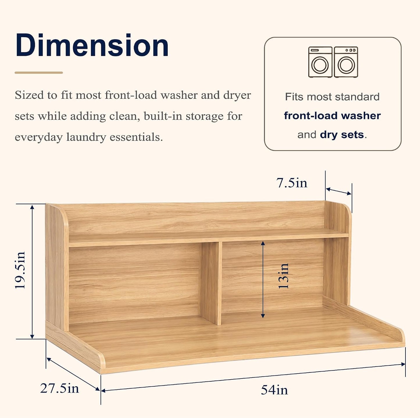 Royxen Washer Dryer Countertop with Extra Tall Shelf, 19" Height Washer and Dryer Topper, Laundry Countertop with Non-Slip Pads, Universal Fit for Laundry Room Organization, Walnut
