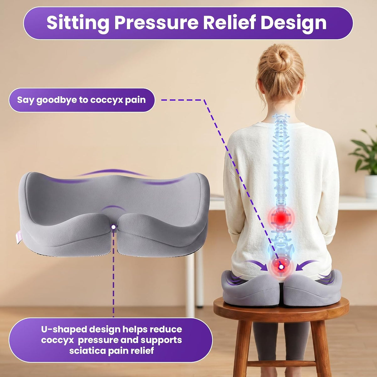 ZZ-WELL Seat Cushions for Office Chairs, Coccyx Cushion for Tailbone Pain, Memory Foam Butt Pillows for Computer Gaming Chair, Patented Pressure Relief Design Chair Cushion (Light Grey, XX-Large)