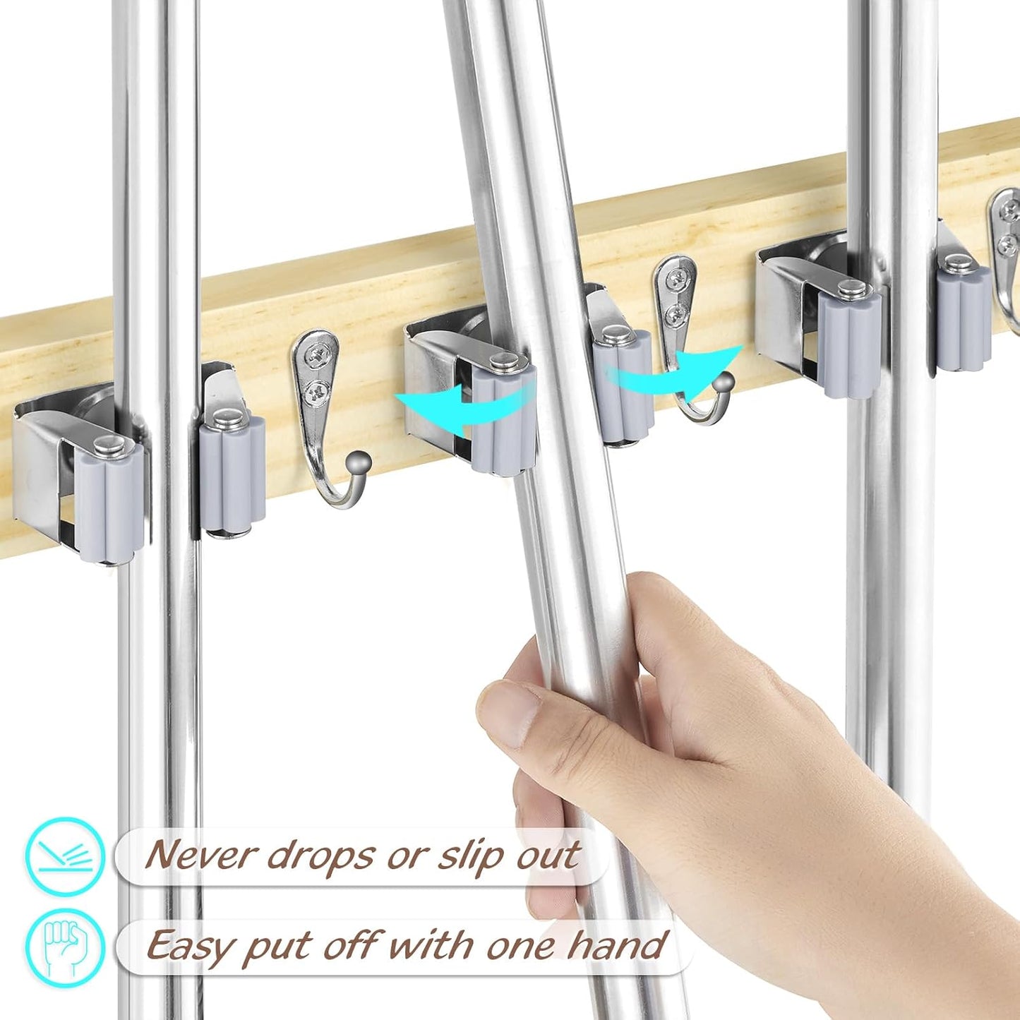 OUTNILI Mop and Broom Holder Wall Mount - Wood Broom Mop Hanger - Wall Mounted Garden Tool Rack Organizer for Closet Garage Laundry Room, Rustic Kitchen Decor With 4 Slots & 4 Hooks
