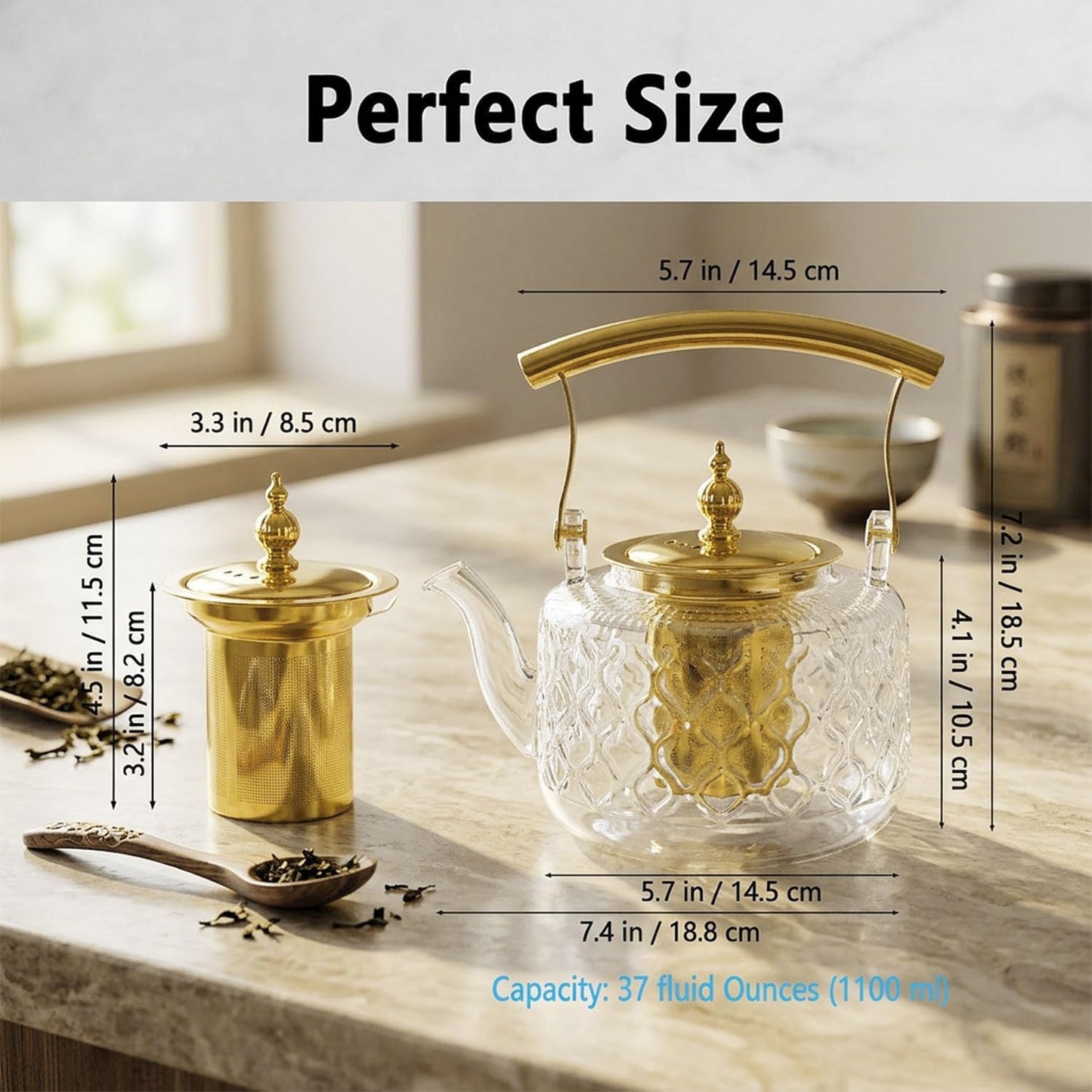 High Borosilicate Glass Teapot, 36 oz Thickened Heatproof Glass Teapot with Removable Stainless Steel Infuser and Lid, Stovetop Safe Tea Kettle, Hand Crafted Kettle, for Women and Adult