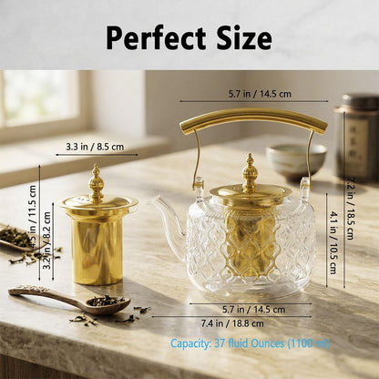 High Borosilicate Glass Teapot, 36 oz Thickened Heatproof Glass Teapot with Removable Stainless Steel Infuser and Lid, Stovetop Safe Tea Kettle, Hand Crafted Kettle, for Women and Adult