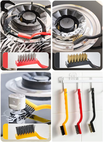 5Pcs Kitchen Stove Cleaning Brush + Scraper Tool Set, Brass, Stainless Steel and Nylon Brush Head Brushes for Range Hood Grease Grime, Heavy Duty Scraper for Gas Burners Cooktop Pot Pan
