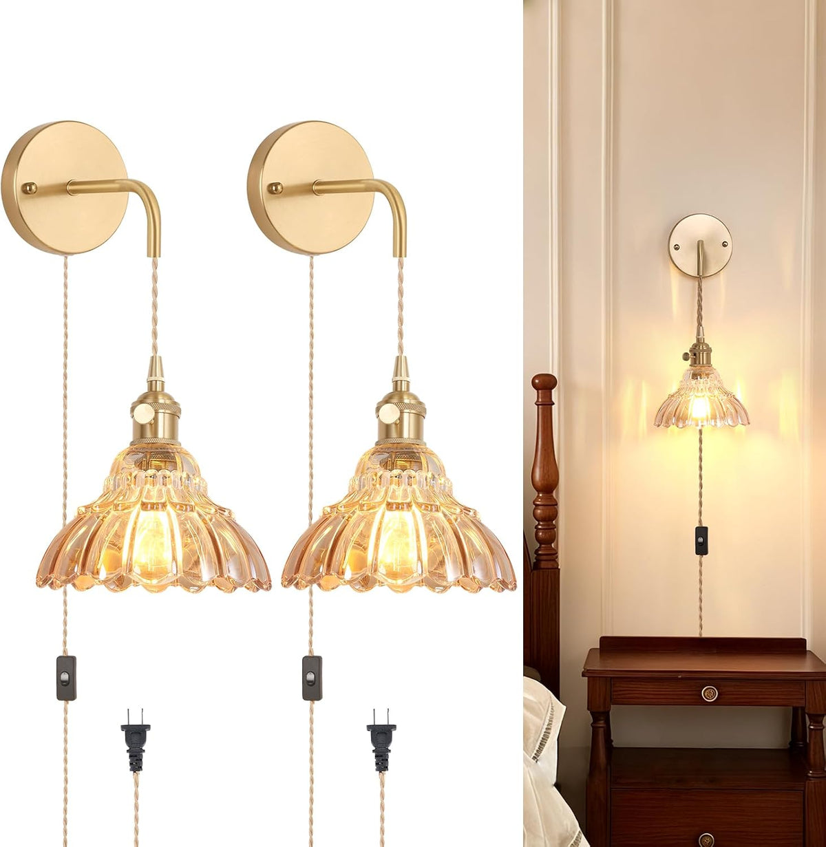 Shenmoyl Battery Operated Wall Sconce Wall Lamp with Green Lily of the Valley Shade Pattern Glass Adjustable Chain Retro Gold Wall Mounted Light, Modern Wall Lamp Fixtures Decor for Bedside Bedroom