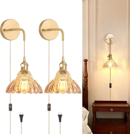 Shenmoyl Battery Operated Wall Sconce Wall Lamp with Green Lily of the Valley Shade Pattern Glass Adjustable Chain Retro Gold Wall Mounted Light, Modern Wall Lamp Fixtures Decor for Bedside Bedroom
