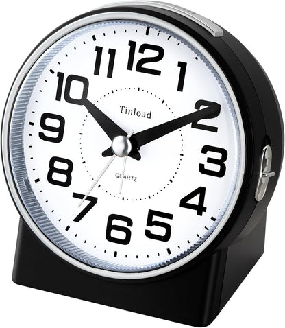 Tinload 4.3" No Ticking Analog Alarm Clock,Silent Readable for Seniors,Easy to Set,Gradual Rise Alarm,Big Numbers,On/Off Switch on Side,Gentle Wake,Snooze,Lighted on Demand,Battery Operated,Black