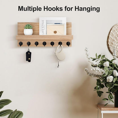 Lwenki Key Holder Wall Mount, Entryway Key and Mail Holder with 7 Sturdy Hooks for Sunglasses, Dog Leash, Decorative Wall Shelf with Mounting Hardware, 15”W x 6.7”H x 4.2”D