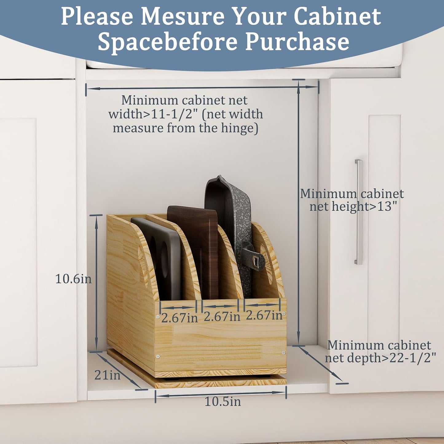 Pull Out Cookie Sheet Organizer for Cabinet, 10.5"W X 21"D X 10.6"H | Wooden, Cutting Board Organizer Rack, Vertical Tray Dividers, For Storage Pans, Baking Tray