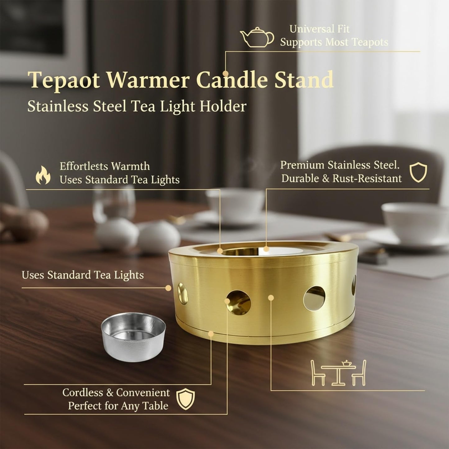 Stainless Steel Tea Light Candle Holder Stand for Glass Kettles and Mugs, 5.9x5.9 Inch Base