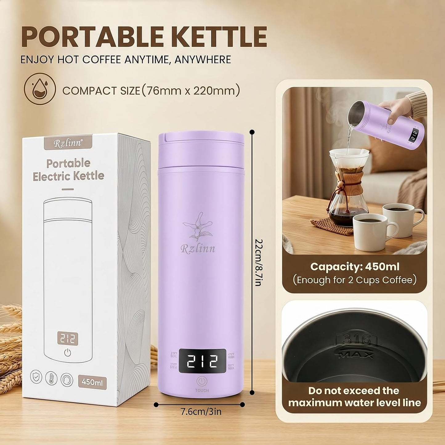 Portable Electric Kettle （120V）, Travel Tea Kettle, 316 Stainless Steel Premium Liner, 4-speed Temperature Adjustment with Auto Shut-off and Boil-Off Protection black