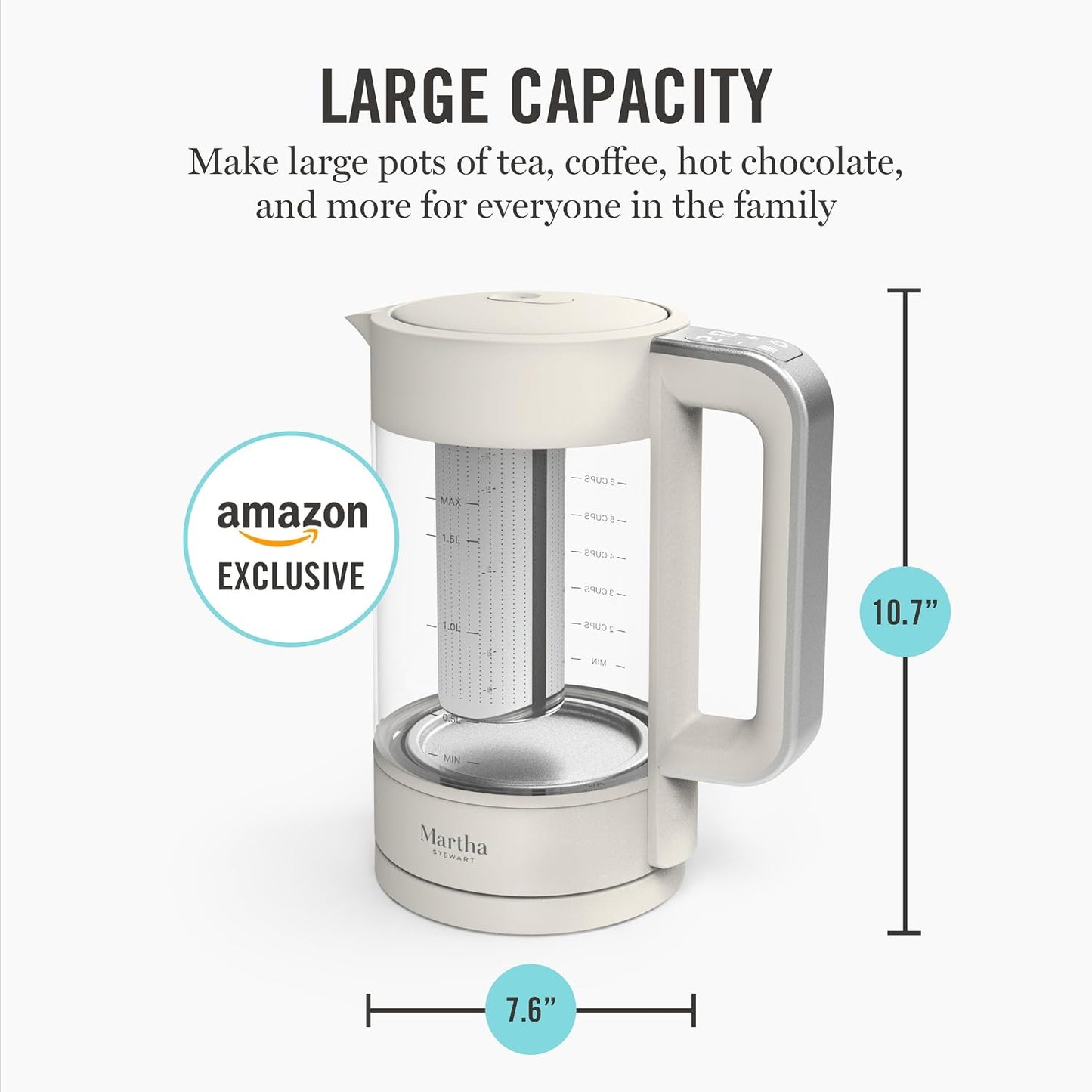 Martha Stewart 1.7L Glass Carafe Electric Kettle with Removable Tea Infuser | 7 Cups, 4 Presets, Rapid Boiling, Stainless Steel Tea Leaf Infuser, Cordless Swivel Base, Keep Warm, Auto Shut-Off, Linen