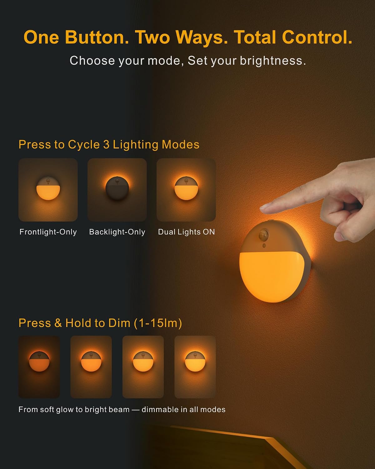 Small Motion Sensor Amber Night Light Battery Operated, Toilet Light | 2 Pack, 3 Modes, Dimmable 1-15lm, Dim Light Soft Glow, No Plug, Wireless Stick on Light for Bedroom, Sleep, Bathroom, Kids