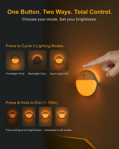 Small Motion Sensor Amber Night Light Battery Operated, Toilet Light | 2 Pack, 3 Modes, Dimmable 1-15lm, Dim Light Soft Glow, No Plug, Wireless Stick on Light for Bedroom, Sleep, Bathroom, Kids