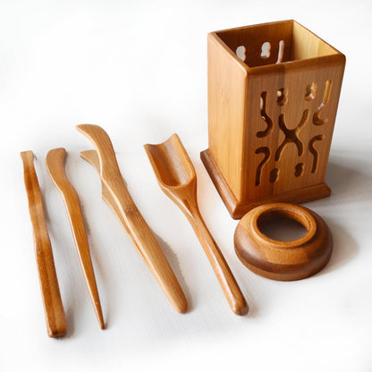 Chadao Tea Ceremony Set, 6-Piece GongFu Tea Bamboo Tools Spoon, Tin Needle Funnel (Square canister)