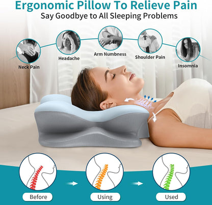 Cervical Neck Pillow for Pain Relief - Ergonomic Memory Foam Pillows Contour Side Sleeper Pillow for Neck Support, Orthopedic Pillow for Sleeping, Bed Pillow for Sleepers (Grey)