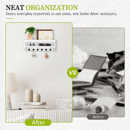 Nekon Key Holder Wall Mount, Pine Wooden Mail Organizer, White | 12.8"W x 5.6"H x 3.7"D Wall Mounted Key and Mail Organizer with 6 Key Hooks, Key Rack for Home Entryway Decor