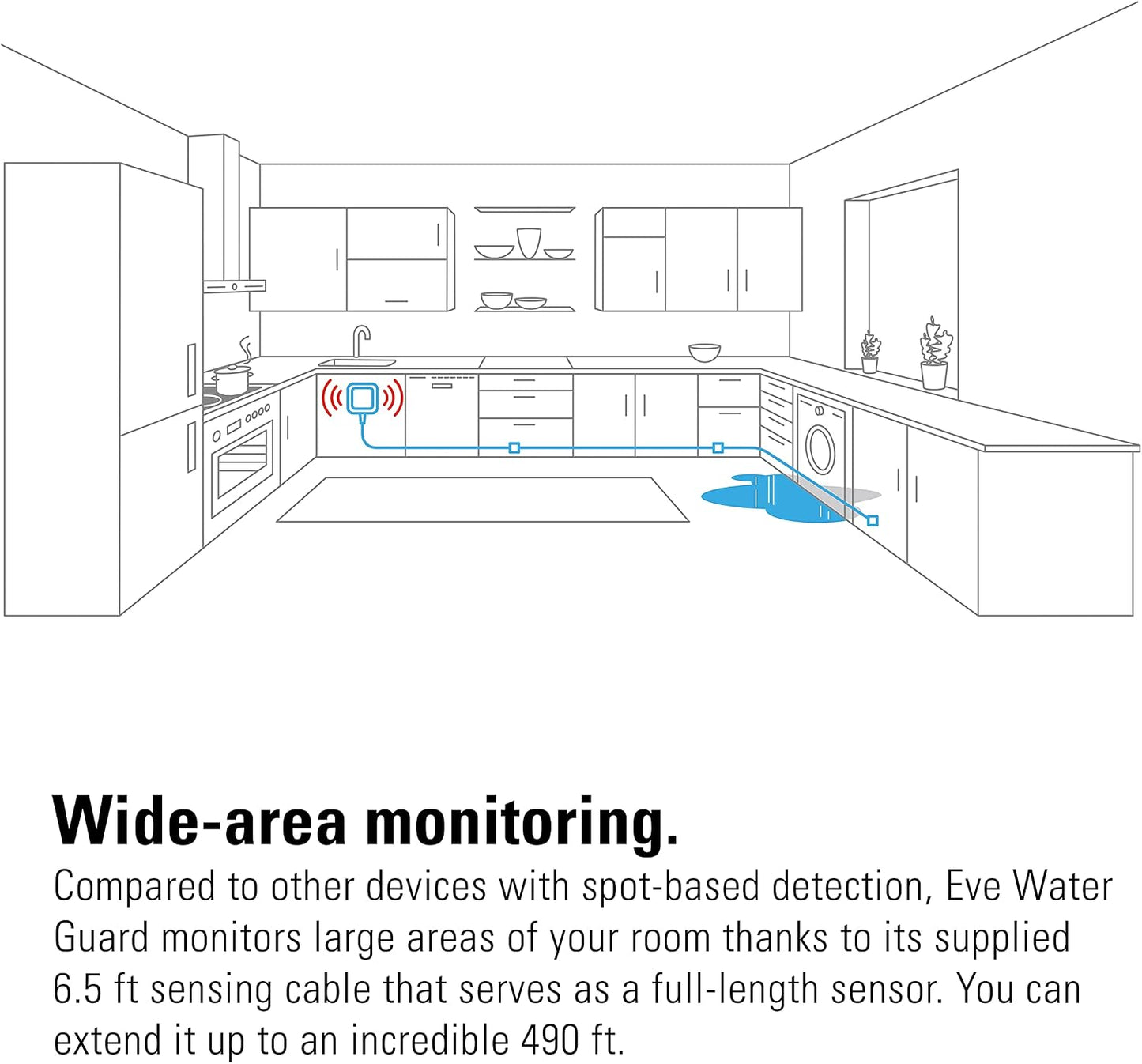 Eve Water Guard - Smart Home Water Leak Detector, 6.5 ft Sensing Cable, 100 dB Siren, (Apple HomeKit), App Notifications, Bluetooth, Thread