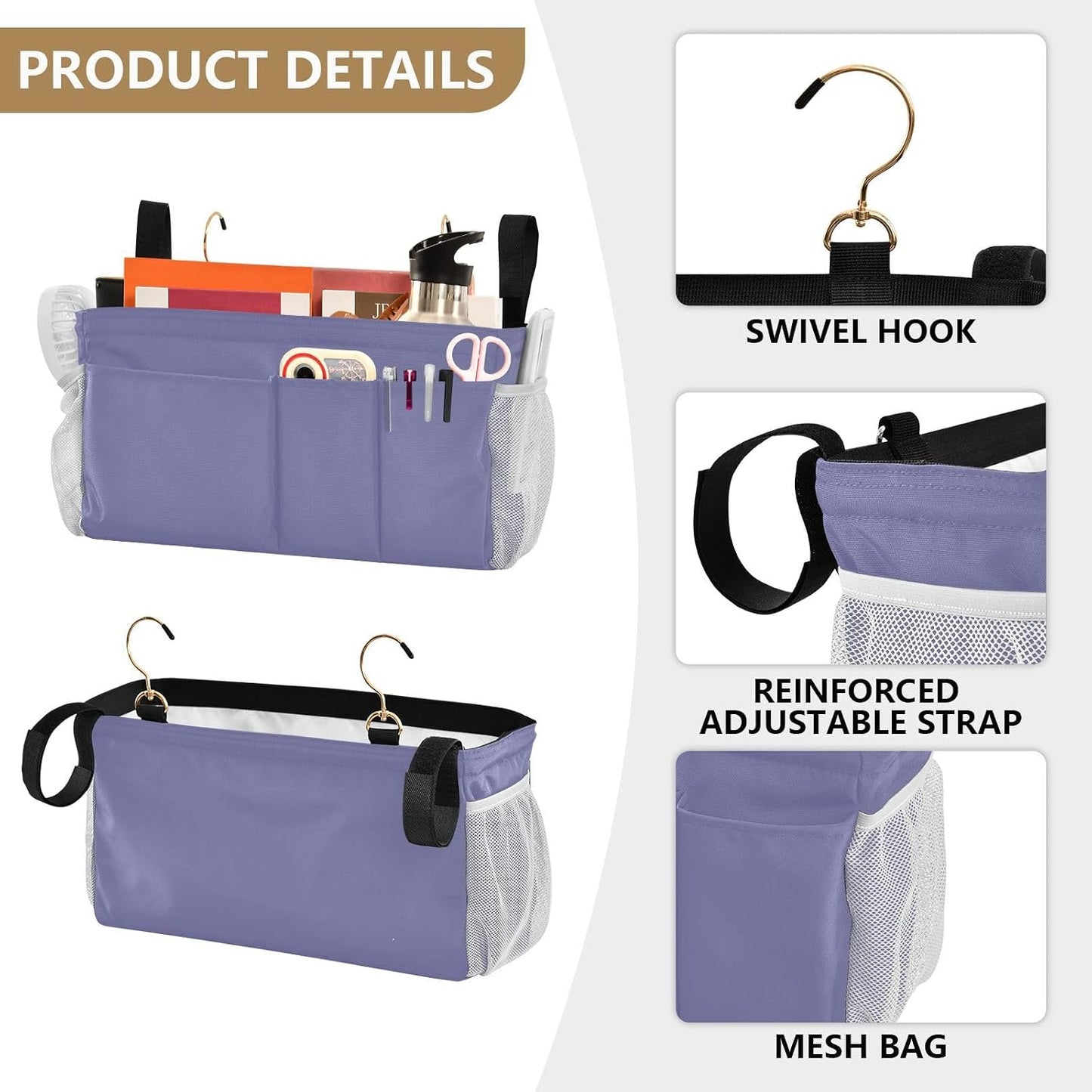 Black Bedside Caddy Storage Bag Bedside Organizer for Bed Rails College Dorm Room Organizer Caddy Hanging Shelf 6 Pockets with Hooks for Drinks Magazine Phone Holder