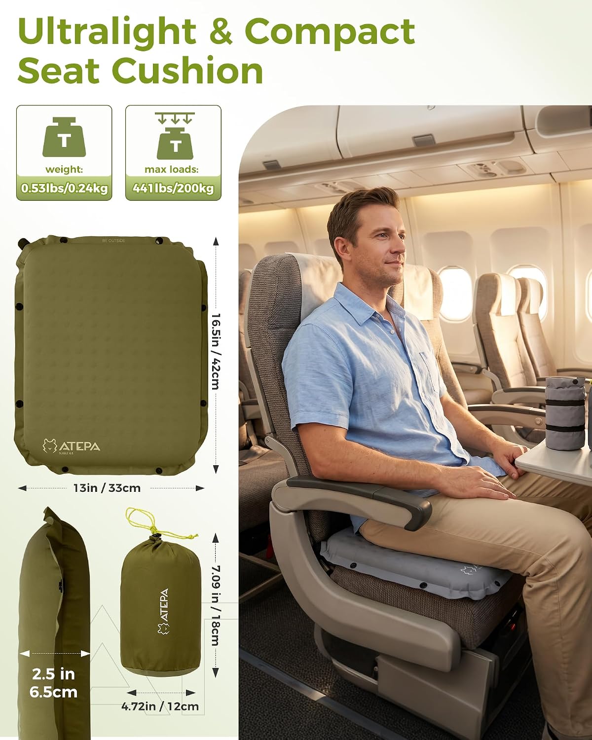 ATEPA Inflatable Seat Cushion | 2" & 2.5" foam core seat pad, Self inflating, Compact, Stadium, Airplane, Travel, Camping, Hiking, Sports events