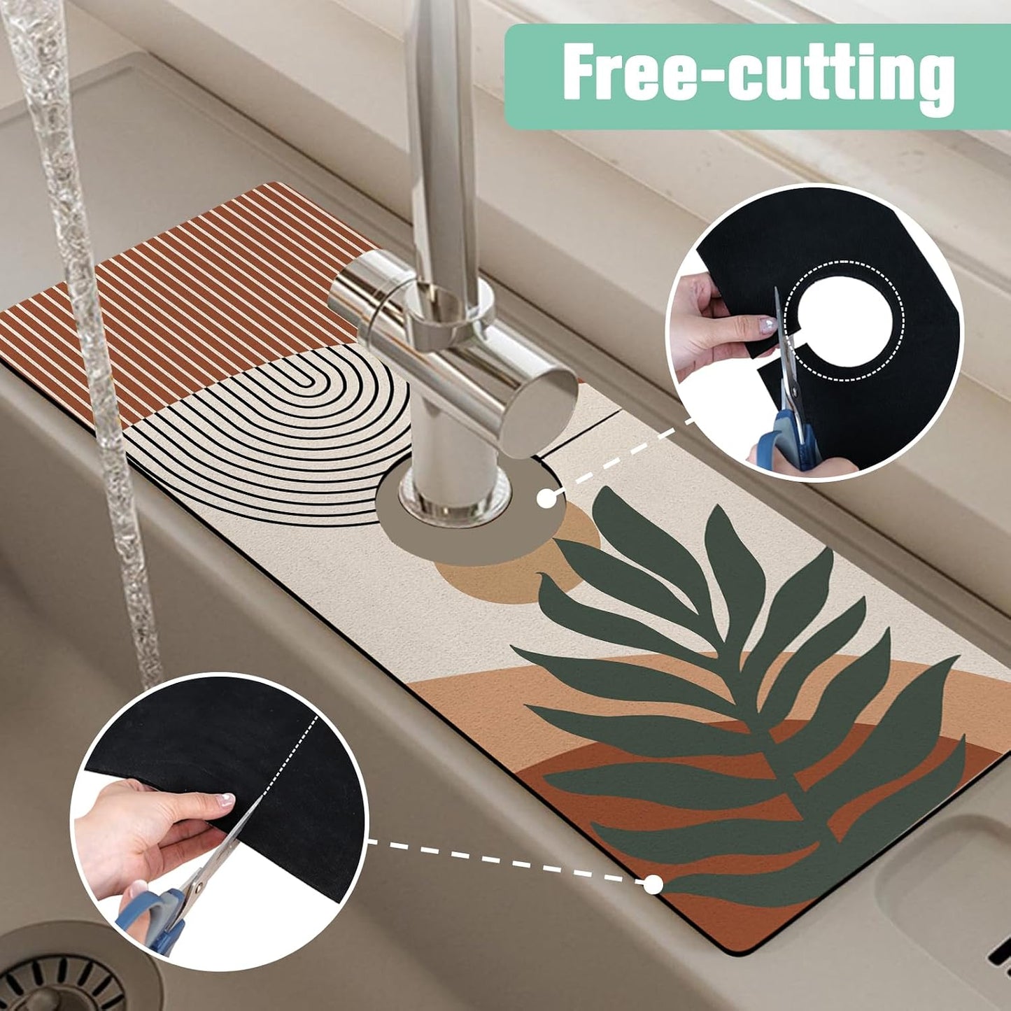 Kitchen Sink Splash Guard Faucet Mat 24" X 5.5" Tropical Leavesl Absorbent Fast Drying Mat Faucet Draining Mat Sink Splash Guard Behind Faucet Drip Catcher for Kitchen Bathroom