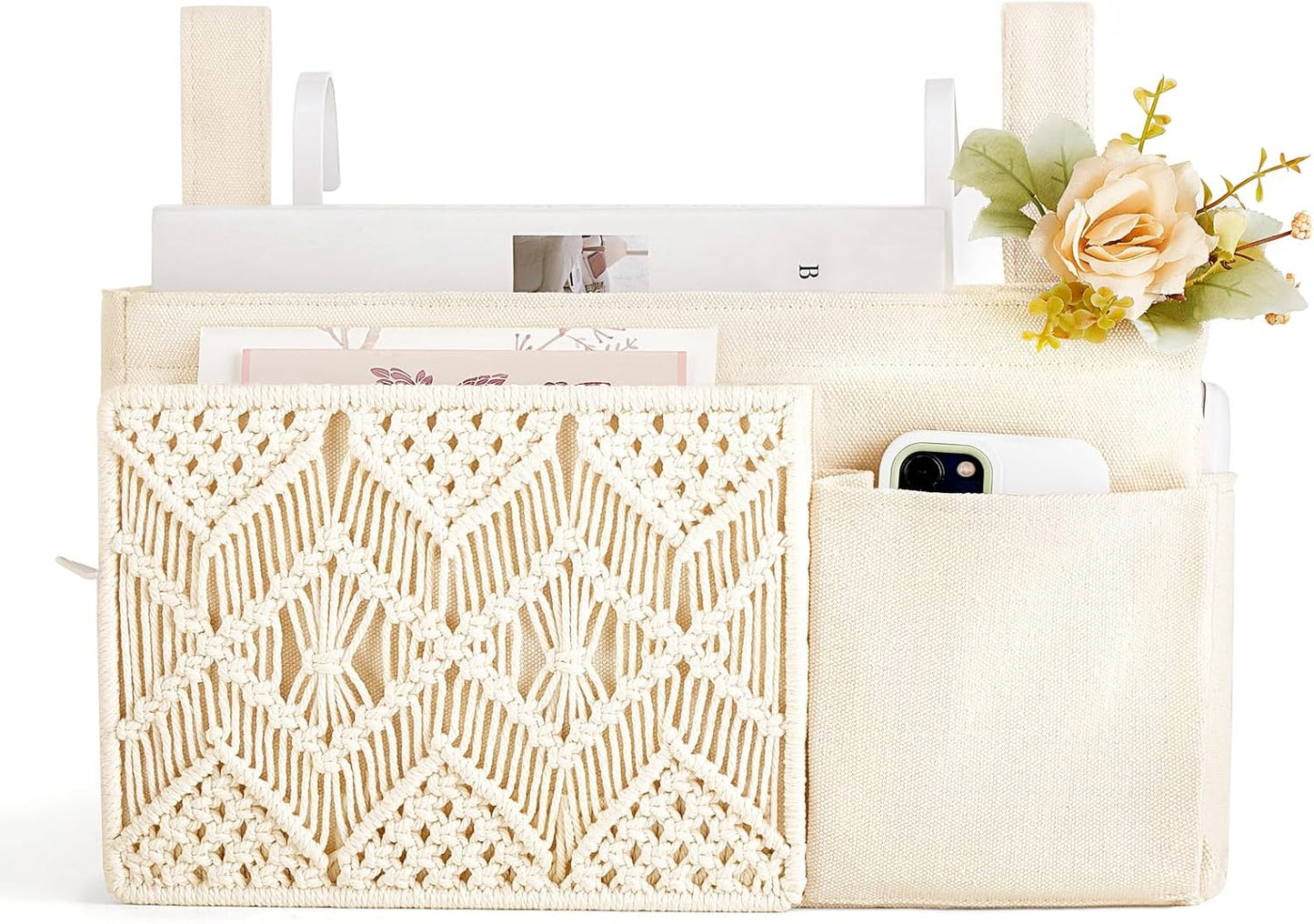 Mkono Bedside Caddy, Macrame Hanging Organizer, 4 Pockets Ivory Metal Hooks | Dorm Room Essentials, Boho Storage, Bunk Loft Bed Bedroom Nursery, Laptop Phone Remote Magazine Glasses, Fixed Straps