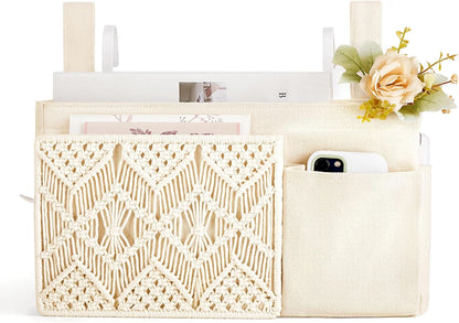 Mkono Bedside Caddy, Macrame Hanging Organizer, 4 Pockets Ivory Metal Hooks | Dorm Room Essentials, Boho Storage, Bunk Loft Bed Bedroom Nursery, Laptop Phone Remote Magazine Glasses, Fixed Straps