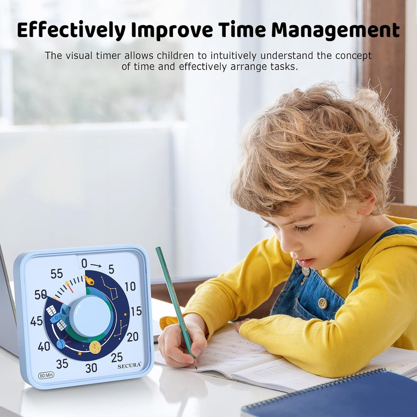 Secura 7.5-Inch Rocket Pattern Visual Timer for Kids, 60-Minute Countdown Timer for Classroom or Kitchen, Durable Mechanical Timer Clock with Magnetic Backing (Blue)