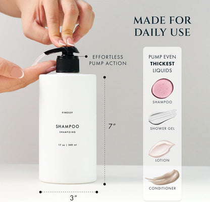 FINESSY Amber Shampoo and Conditioner Dispenser for Shower Wall No Drill | 3 Plastic 17oz Fillable Shower Bottles With Labels. Shower Shampoo Dispenser Wall Mounted. Airbnb Empty Soap Pump Bottles.