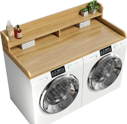 2-Tier Washer Dryer Countertop with 2.75" H Edge Rails, 54" W x 27.55" D Laundry Countertop for Folding Clothes, Washer and Dryer Topper with Non-Slip Pad (Dark Walnut)