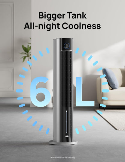 DREO Tower Fan for Bedroom, 43" Cooling Fans That Blow Cold Air 2025 Upgraded, Evaporative Air Cooler, Quiet 85° Oscillating Floor Fan, Easy Cleaning, APP Control, 4 Modes & 4 Speeds, Ink Black