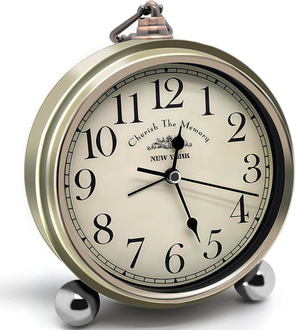Metal Analog Alarm Clock - 5'' Battery Operated Silent Non-Ticking Quartz Antique Retro Small Desk Clocks for Bedside Bedrooms Living Room Office Home Decor (Bronze)