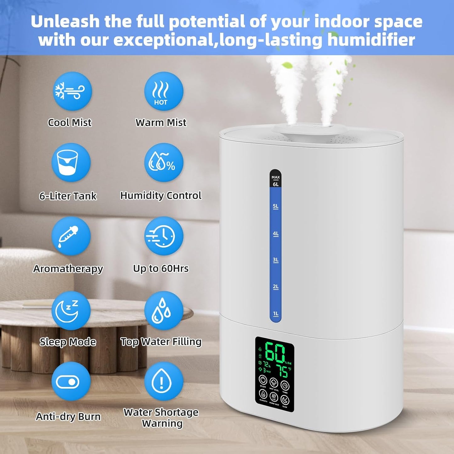 Coolfiqu 6L Humidifiers for Bedroom Large Room Home,Cool and Warm Humidifier for Baby and Plants Hot Mist Top Fill Desk Humidifier Oil Diffuser,Quiet,Auto Mode,360°Nozzle-Midnight Black(2026 Upgraded)