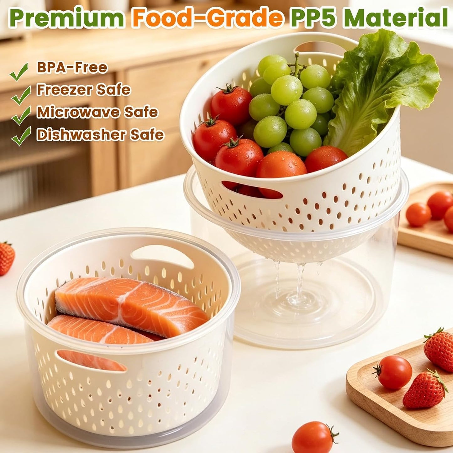 TBMax Fruit Storage Containers for Fridge Organizers and Storage, 4 Pack Large Produce Saver with Airtight Lid & Colander for Berry Lettuce Salad Vegetable Storage, Refrigerator Organizers