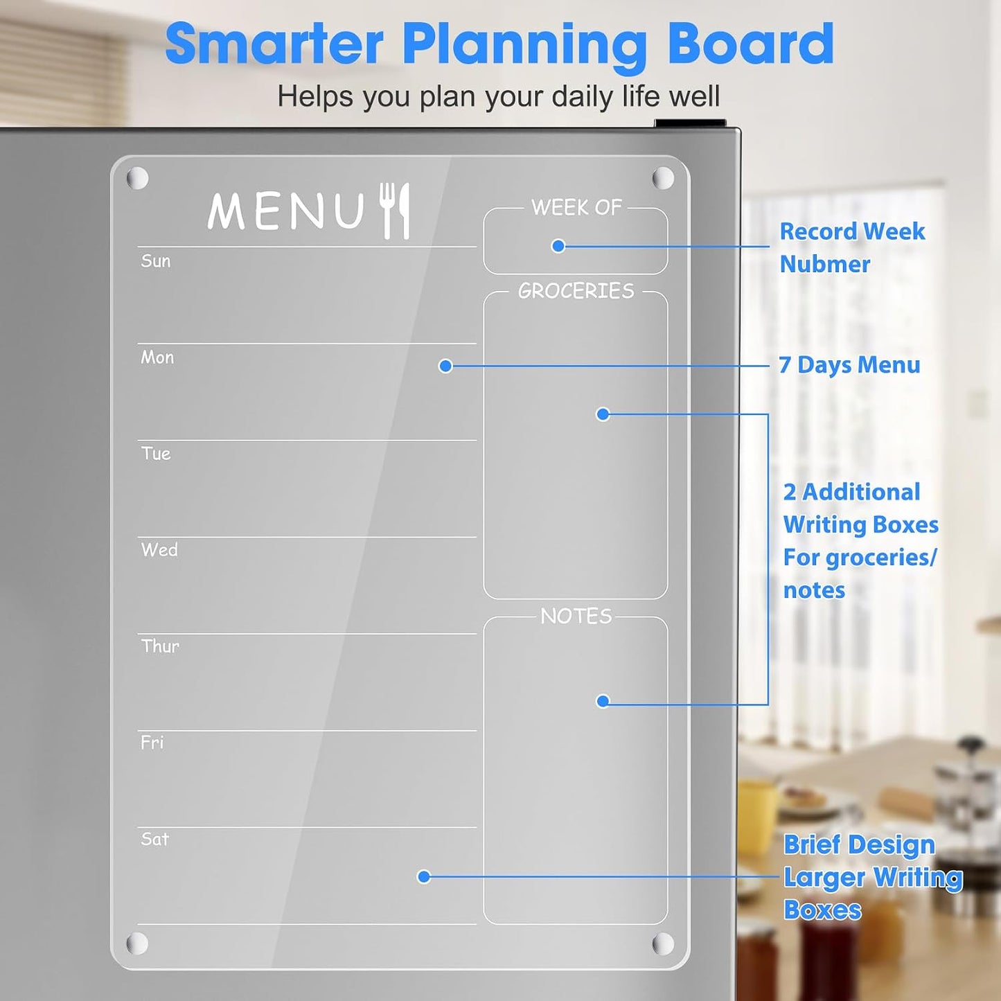 Acrylic Meal Planner Weekly Calendar Menu Board for Kitchen, w/ 8 Markers | Clear Weekly Fridge Calendar Planning Note Board Dry Erase to Do/Grocery/Shopping List/Chore Chart, 12.8x9’’