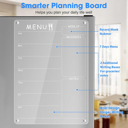Acrylic Meal Planner Weekly Calendar Menu Board for Kitchen, w/ 8 Markers | Clear Weekly Fridge Calendar Planning Note Board Dry Erase to Do/Grocery/Shopping List/Chore Chart, 12.8x9’’