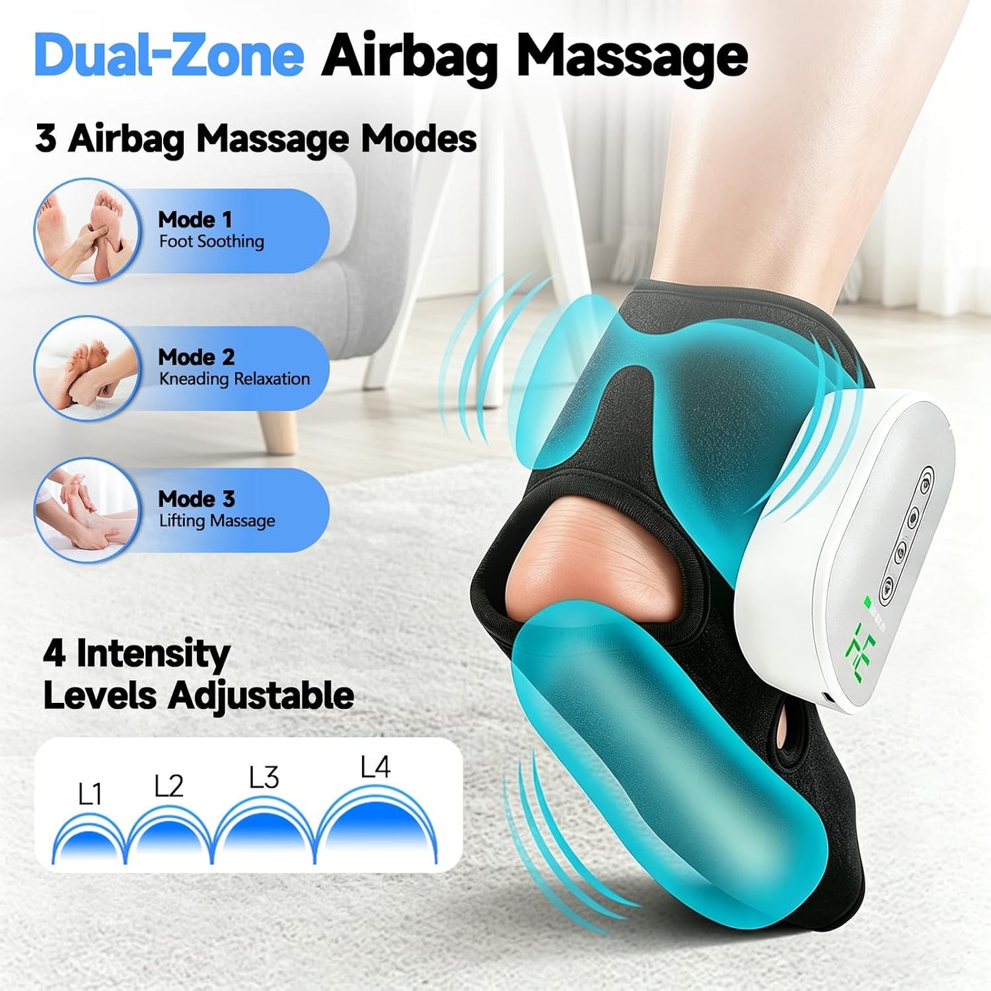 Portable Air Compression Foot Massager with Heat,4 Heat 4 Modes 3 Airbags,Smart Timer,Cordless Ankle Compression Massage for Muscle Relaxation & Fatigue Relief,Gifts for Men Women(Size 5 to 9, 1PC)