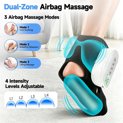 Portable Air Compression Foot Massager with Heat,4 Heat 4 Modes 3 Airbags,Smart Timer,Cordless Ankle Compression Massage for Muscle Relaxation & Fatigue Relief,Gifts for Men Women(Size 5 to 9, 1PC)