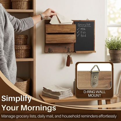 Flexzion Chalkboard Key Holder Wall Mount, Mail Organizer with Wood Shelf | Rustic Wood Entryway Message Center with Double Hooks and Mail Slot for Letters, Notes, Wallets and Daily Essentials