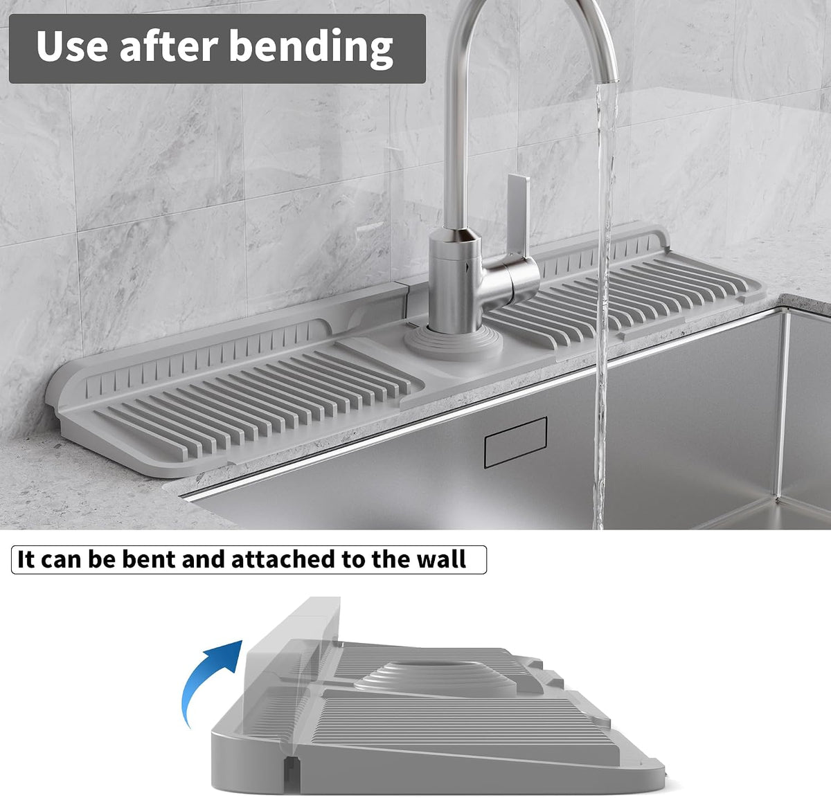 WAFT YEARN 24X5 Inch Silicone Durable Faucet Mat Kitchen Sink Splash Guard Draining Protector Tray Liner Absorbent Protective Counter Accessories For Sink Kitchen Bathroom Laundry Room Bar & RV Grey