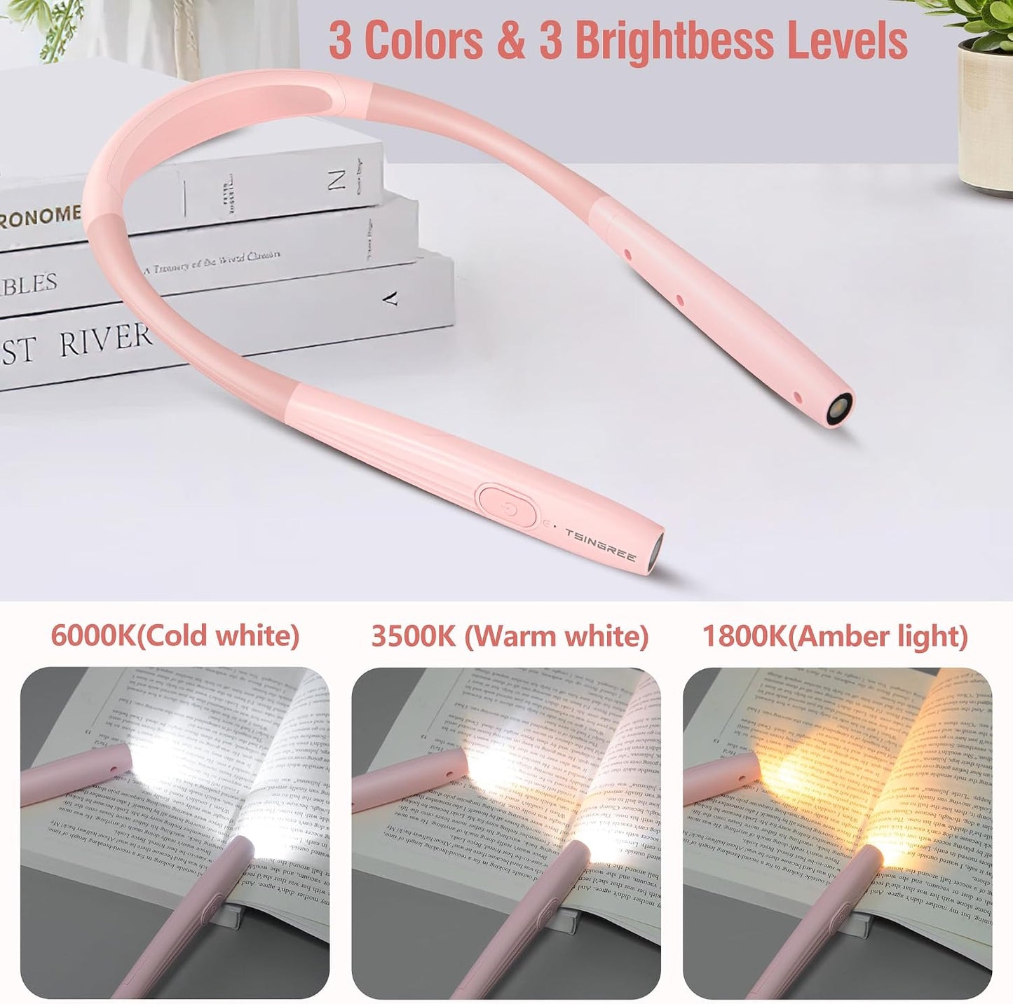 Upgraded LED Neck Reading Light, Book Light, Rechargeable, 3 Colors & 3 Brightness Adjustable, Auto-Off Timer, Neck Light for Reading in Bed, Long Lasting, Perfect for Repairing, Knitting.