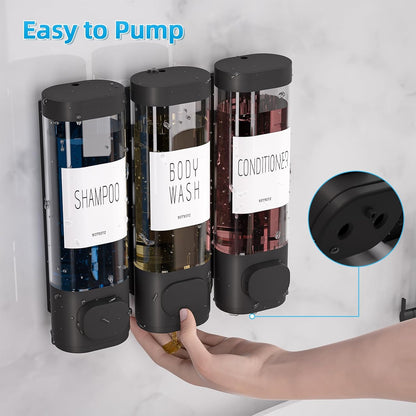 Shampoo and Conditioner Dispenser for Shower Wall Mount 3 Chamber, Black | Shower Soap Dispenser for Wall, 10.2 OZ Plastic Refillable Body Wash Bottles for Bathroom, No Drill Wall Mounted