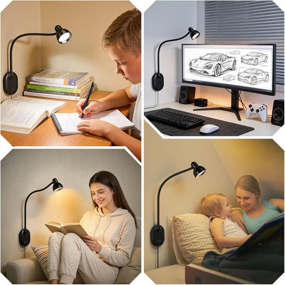 Wall Mounted Reading Light, LED Wall Bedside Lamp with Adapter, 5 Color & 10 Brightness, Plug-in Adhesive Wall Reading Lights for Books in Bed, Auto-Off Timer Wall Lights for Bedroom Headboard Black