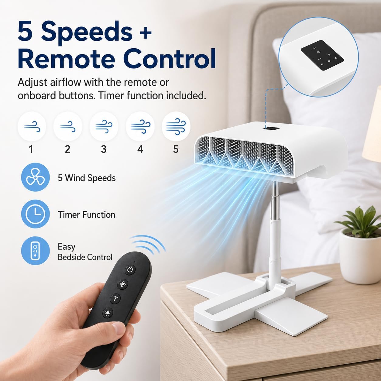 Rhona Breezel Sleep Bed Fan, Bed Cooling System with Remote Control, 5 Speeds, Quiet Airflow, Adjustable Height, Digital Display and Timer for Bedroom Night Cooling