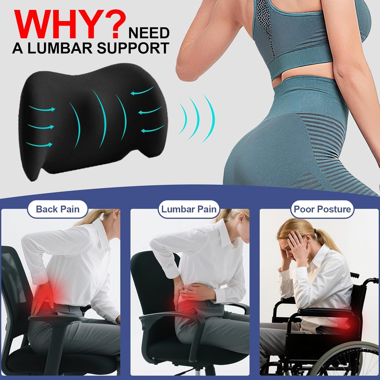 BYMECOST Lumbar Support Pillow for Car, Memory Foam Car Back Cushion | Car Seat Back Pillow for Driving, Adjustable Strap, Ergonomic Lower Back Support Pillow, Office Chairs and Wheelchairs