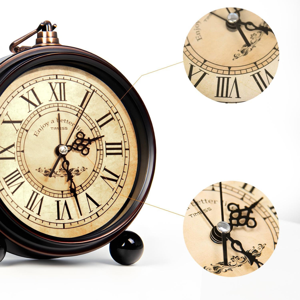 TIMESS 4.3-Inch Vintage Analog Alarm Clock, Silent Non-Ticking, Brown