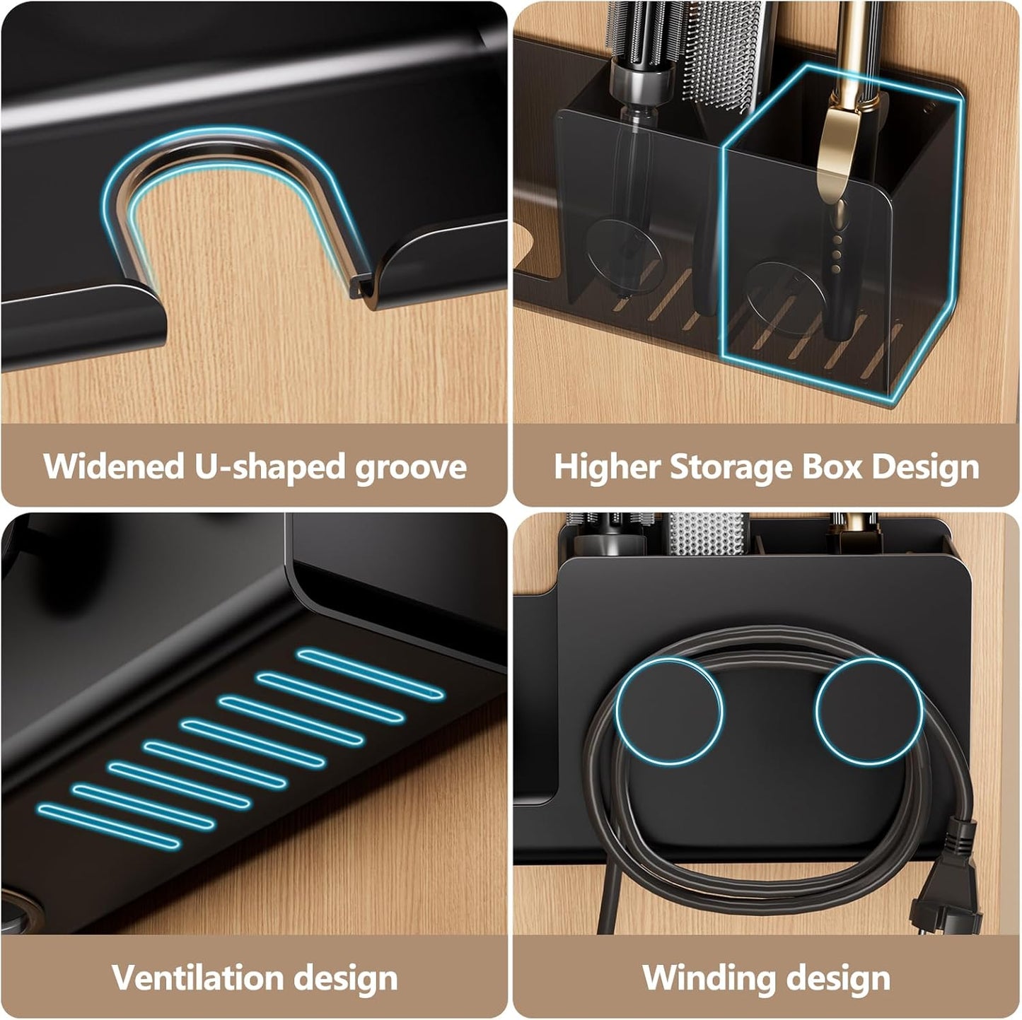 FEZHI Hair Dryer Holder,3-in-1 Hair Tool Organizer Heightened design with Plug&Cord Winding,Blow Dryer Holder Wall Mounted/Cabinet Door for Flat/Curling Irons Hair Straighteners (Black)