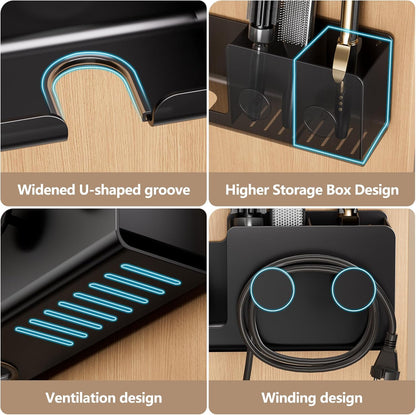 FEZHI Hair Dryer Holder,3-in-1 Hair Tool Organizer Heightened design with Plug&Cord Winding,Blow Dryer Holder Wall Mounted/Cabinet Door for Flat/Curling Irons Hair Straighteners (Black)