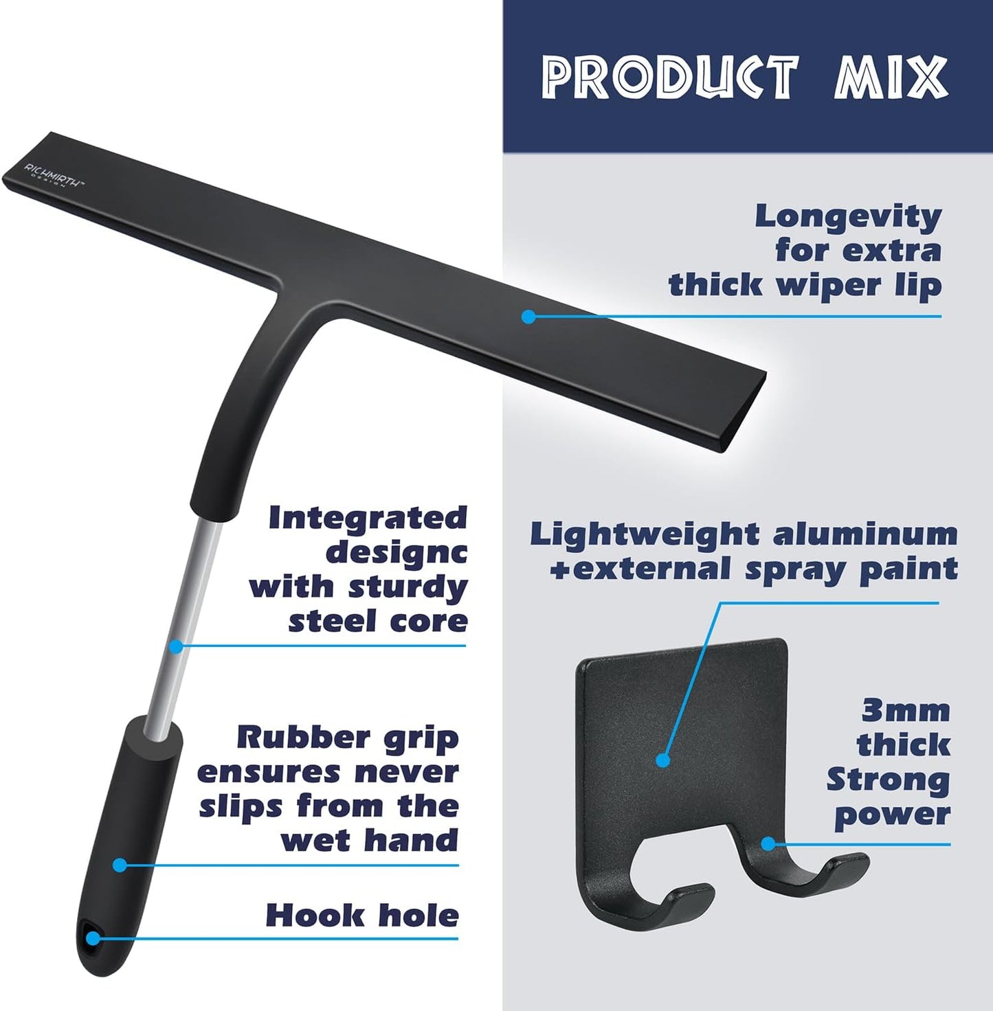 12 Inch Silicone Shower Squeegee for Glass Doors with Microfiber Cloth & Hook, Streak-Free Window Cleaner for Bathroom Mirror Tile Car, No-Scratch Squeegee with Rustproof Metal Core (Black)