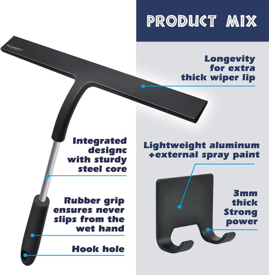 12 Inch Silicone Shower Squeegee for Glass Doors with Microfiber Cloth & Hook, Streak-Free Window Cleaner for Bathroom Mirror Tile Car, No-Scratch Squeegee with Rustproof Metal Core (Black)