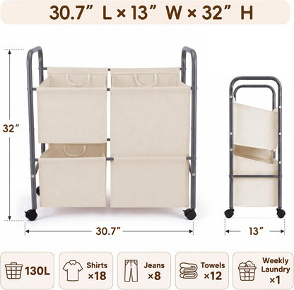 130L Laundry Hamper with Wheels, 3 Section Laundry Sorter Cart with Removable Bags, Rolling Clothes Hamper with Waterproof Lining, Sturdy Freestanding Canvas Laundry Basket for Laundry Room, Beige
